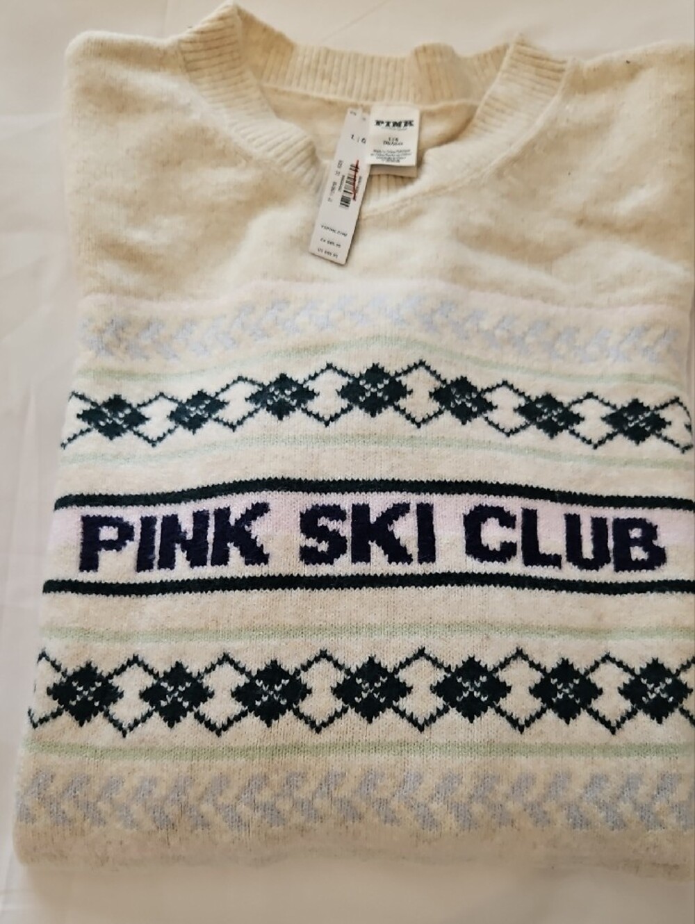 PINK Victoria's Secret Cream 'Pink Ski Club' Crewneck Sweater LARGE NWT - Picture 5 of 5